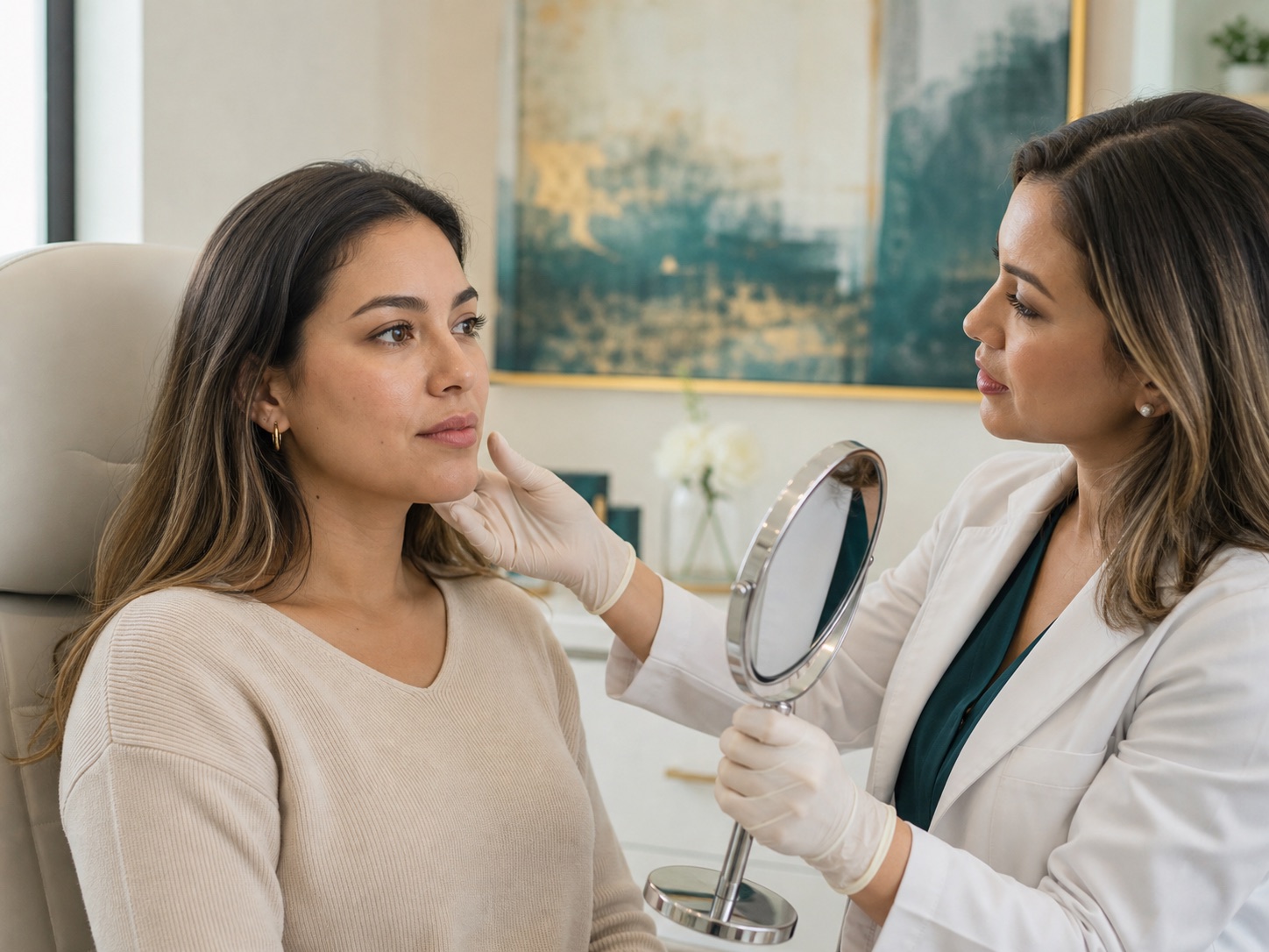 Especialista evaluando la armonía facial de una paciente durante una consulta